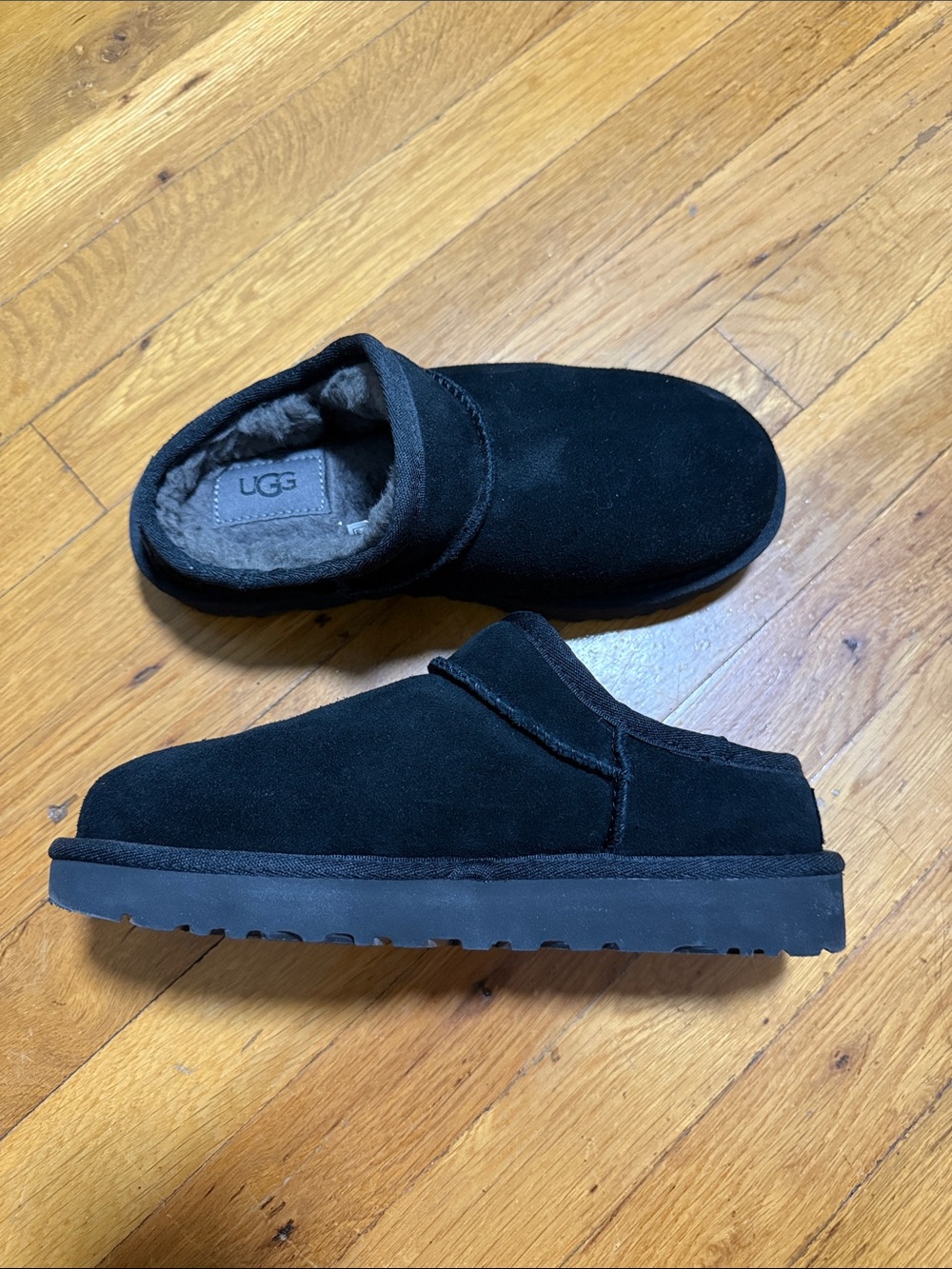UGG Black Suede Plush-Lined Slip-On Clog
